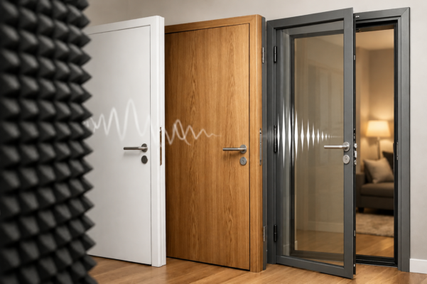 Three interior doors in a row: white, natural wood, and dark metal-framed glass door, each with a white soundwave graphic across the surfaces.